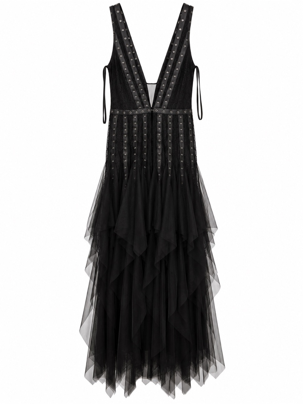 BCBG Maxazria  Black Tulle V-Neck Evening Dress with Studded Detail